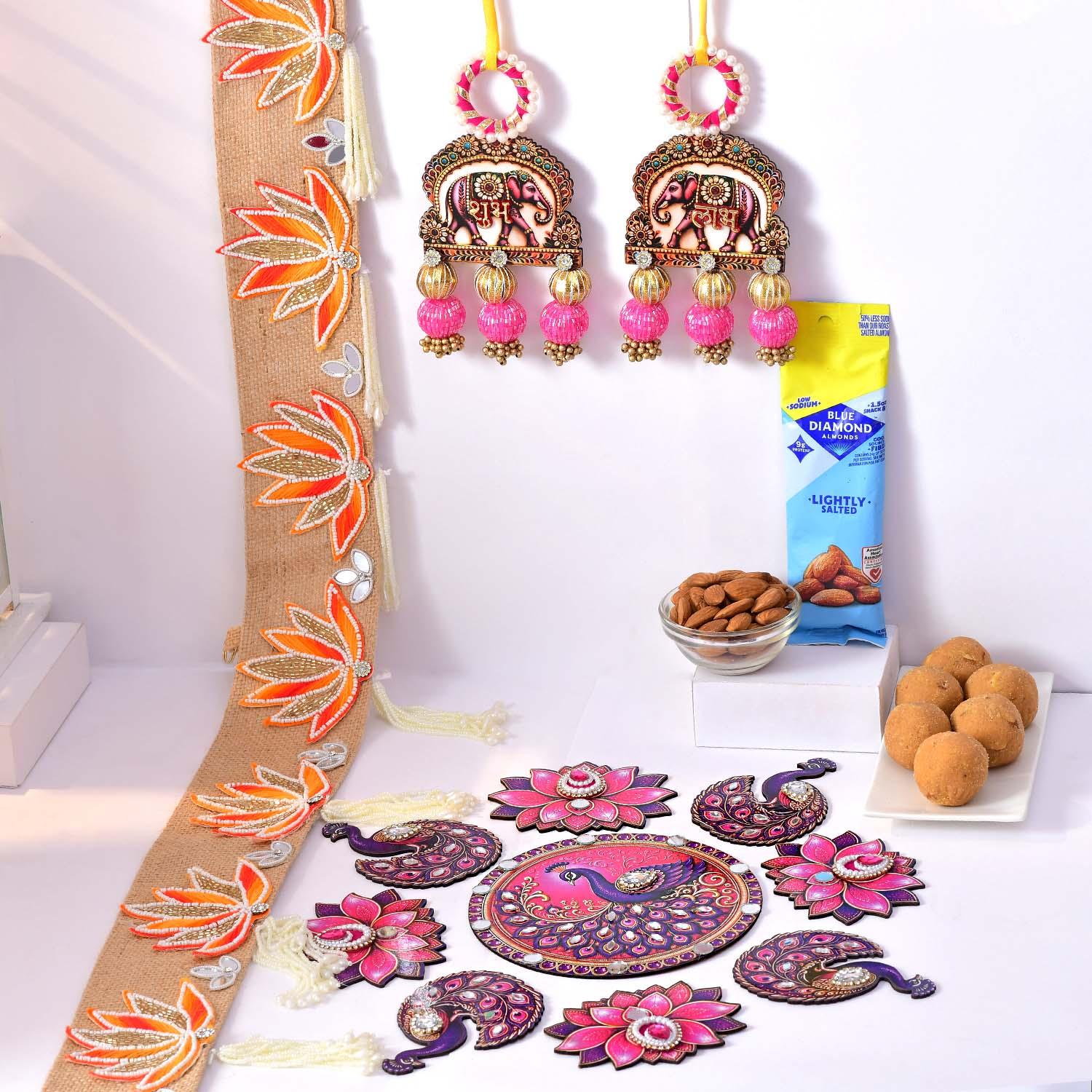Diwali gift hamper with toran, rangoli, besan laddoo, and almonds — USA delivery