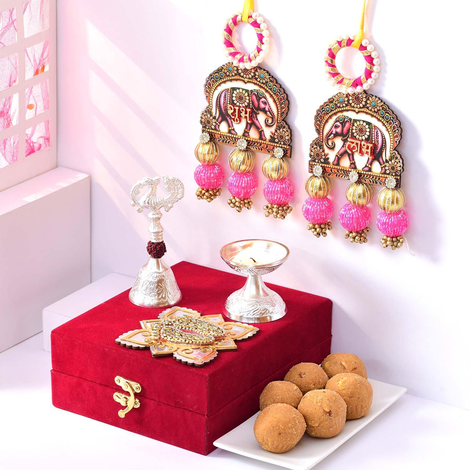 Diwali Metal Pooja Set & Besan Laddoo Hamper
