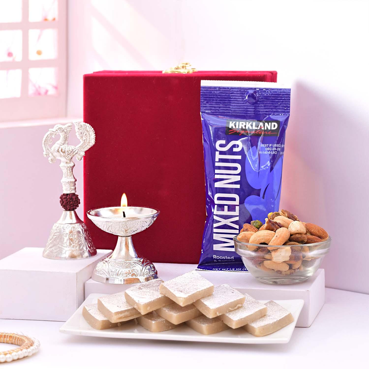 Diwali Metal Pooja Set with Kaju Katli