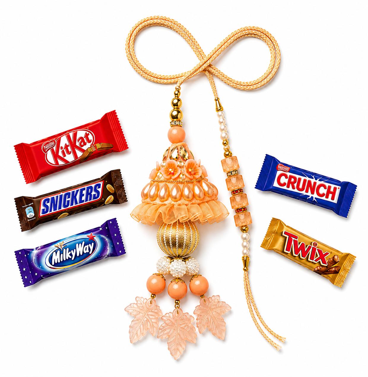 Peach Beaded Rakhi & Peach Designer Lumba Rakhi Combo with 5 Chocolates