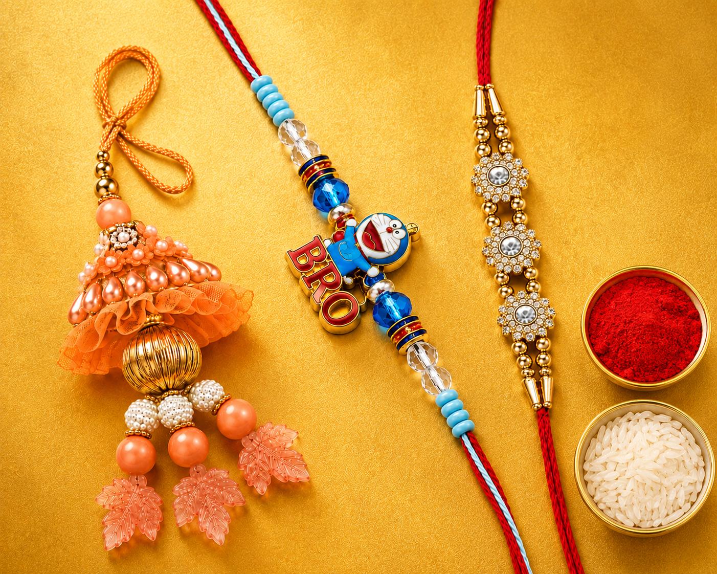 Premium Peach Bhaiya Bhabhi Rakhi Set with BRO Doraemon Kids Rakhi | Designer Rakhi Combo with Roli Chawal