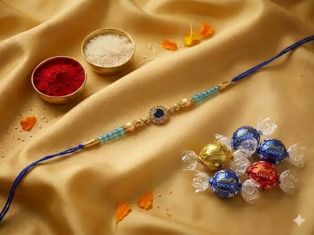 Blue Stone Rakhi with Lindor Chocolates