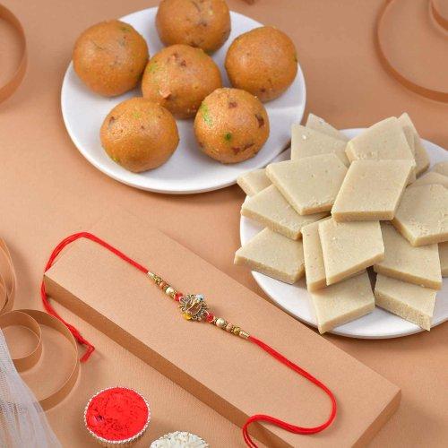 Designer Ganesh Rakhi with Besan Laddu & Kaju Katli Gift Hamper for Brother | Premium Raksha Bandhan Gift Set