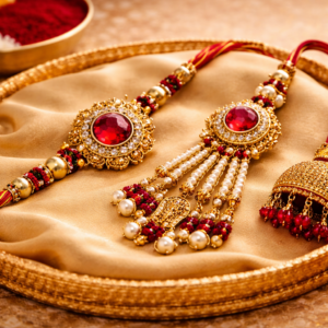 Bhaiya Bhabhi rakhi set with red gemstone centerpiece, pearl tassels, and gold detailing displayed on a decorative festive tray.