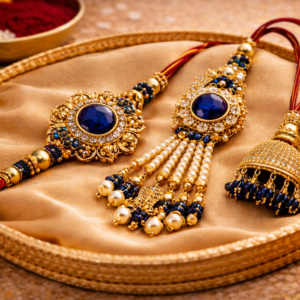 Bhaiya Bhabhi rakhi set with royal blue gemstone centerpieces, pearl tassels, and gold detailing displayed on a festive tray.