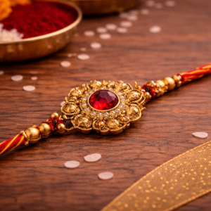 Designer rakhi with red gemstone centerpiece and intricate gold detailing placed on wooden background with kumkum and rice.