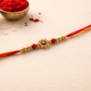 Simple red and gold rakhi with decorative centerpiece placed on a light background with rice and kumkum bowls.