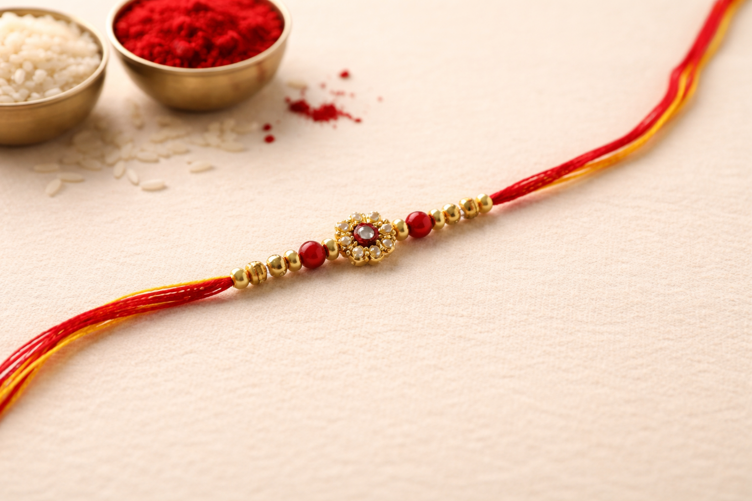 Simple red and gold rakhi with decorative centerpiece placed on a light background with rice and kumkum bowls.