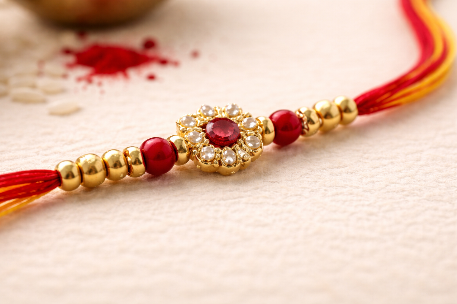 Simple red and gold rakhi with decorative centerpiece placed on a light background with rice and kumkum bowls.