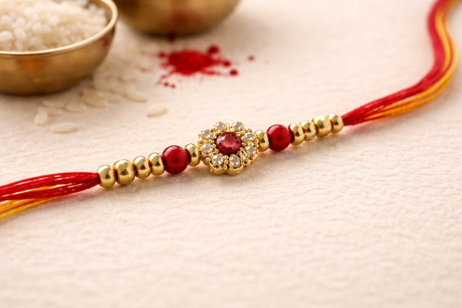 Simple red and gold rakhi with decorative centerpiece placed on a light background with rice and kumkum bowls.