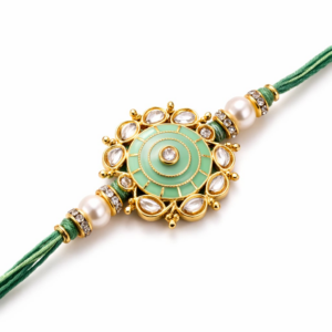 Elegant green rakhi with gold floral medallion, pearl beads, and stone detailing on braided green thread.