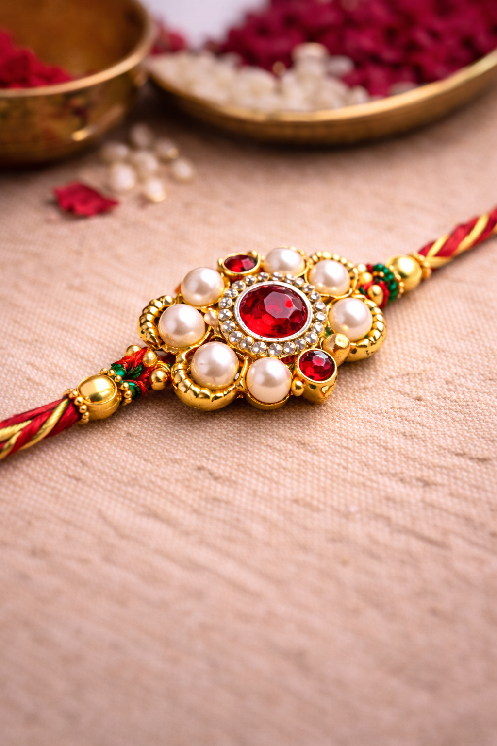 Elegant red and gold pearl simple rakhi for brother – Rakhi delivery in USA