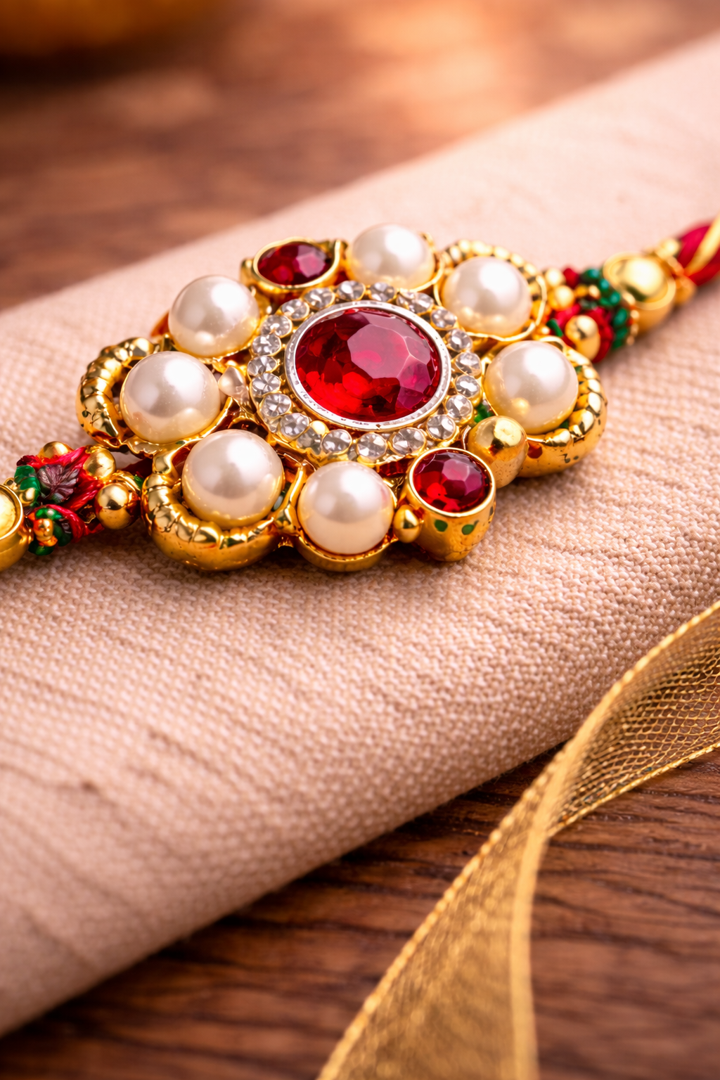 Elegant Red & Gold Pearl Floral Simple Rakhi for brother - Image 3