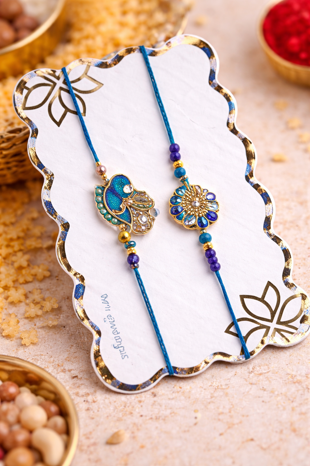 Family Rakhi hamper gift box with designer rakhi, dry fruit ladoos, baklava bites, chocolate dragées, almonds, cashews, chocolate cake jar, roli and chawal.