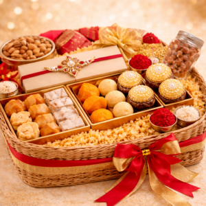 Luxury Rakhi hamper basket with assorted Indian sweets, dry fruits, decorative rakhi, roli chawal bowls and red gold ribbon packaging.