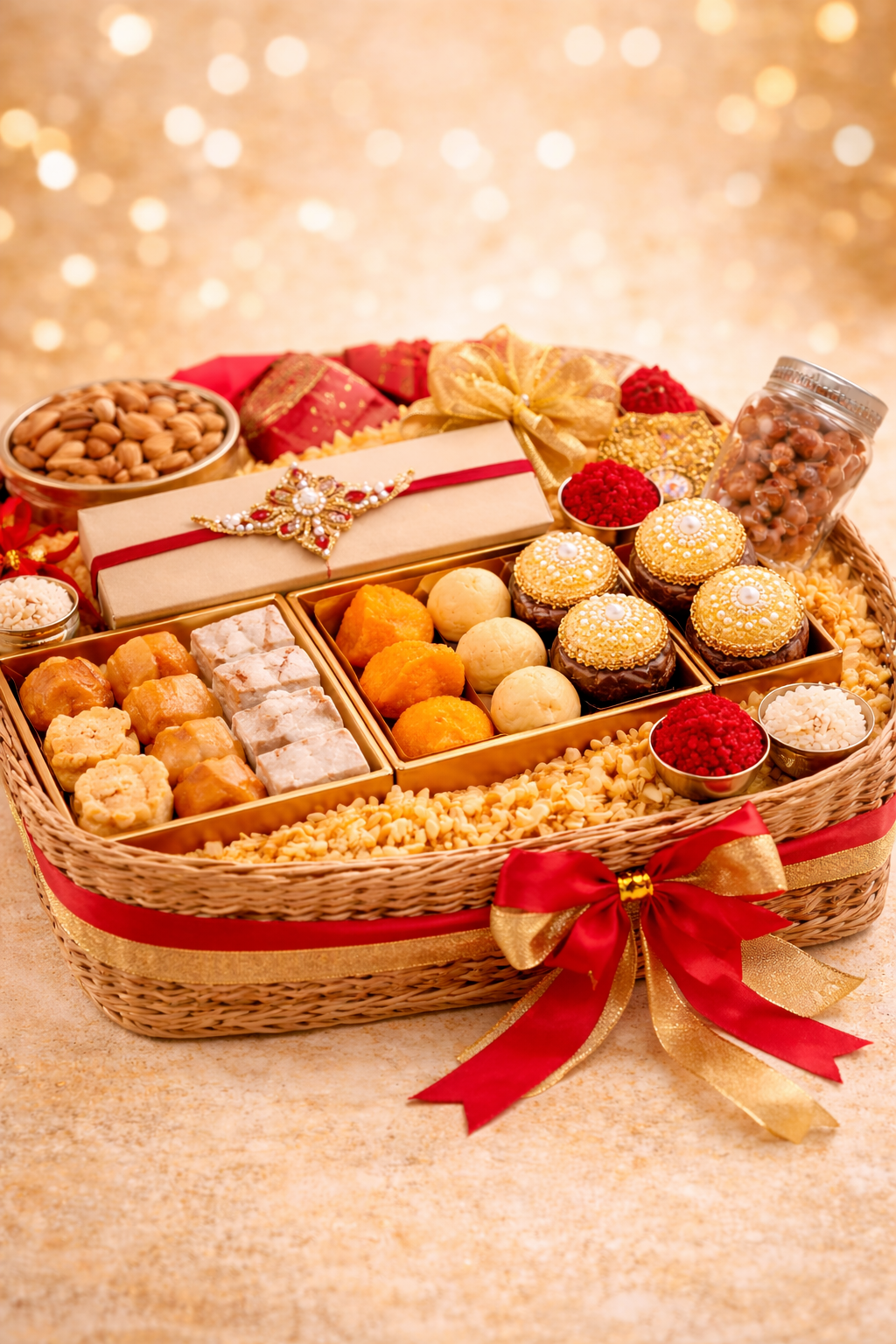 Luxury Rakhi hamper basket with assorted Indian sweets, dry fruits, decorative rakhi, roli chawal bowls and red gold ribbon packaging.