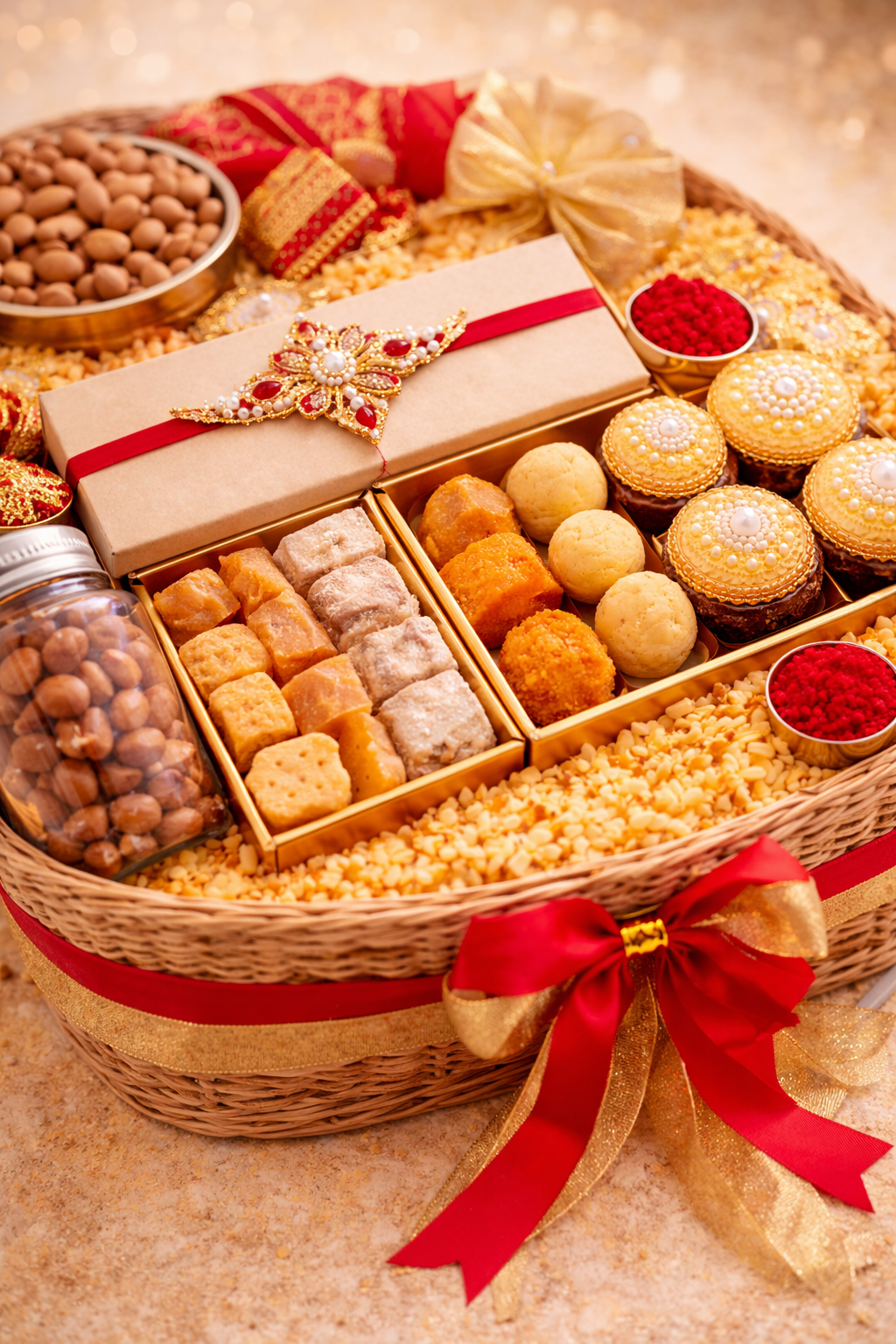 Luxury Rakhi hamper basket with assorted Indian sweets, dry fruits, decorative rakhi, roli chawal bowls and red gold ribbon packaging.