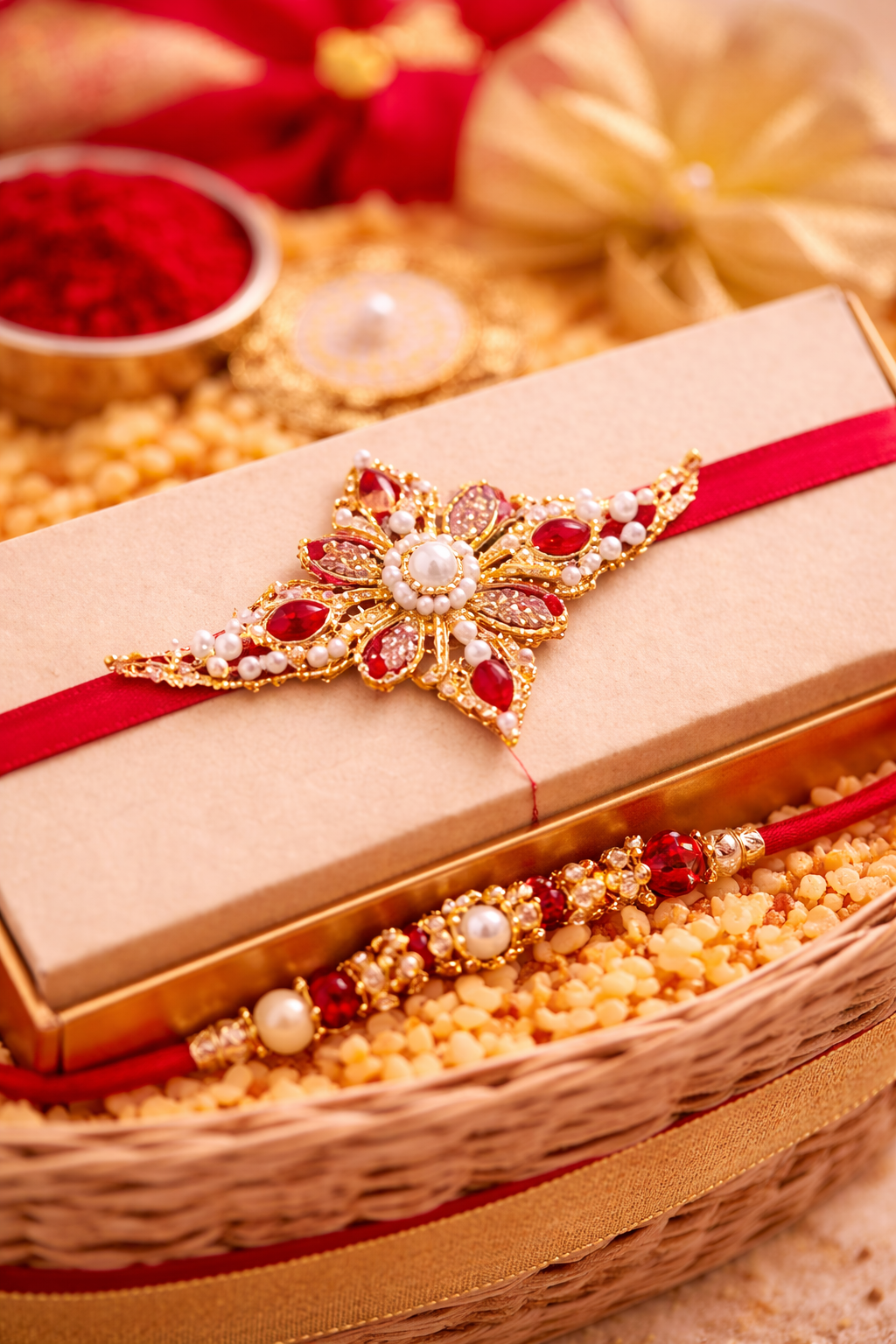 Luxury Rakhi hamper basket with assorted Indian sweets, dry fruits, decorative rakhi, roli chawal bowls and red gold ribbon packaging.