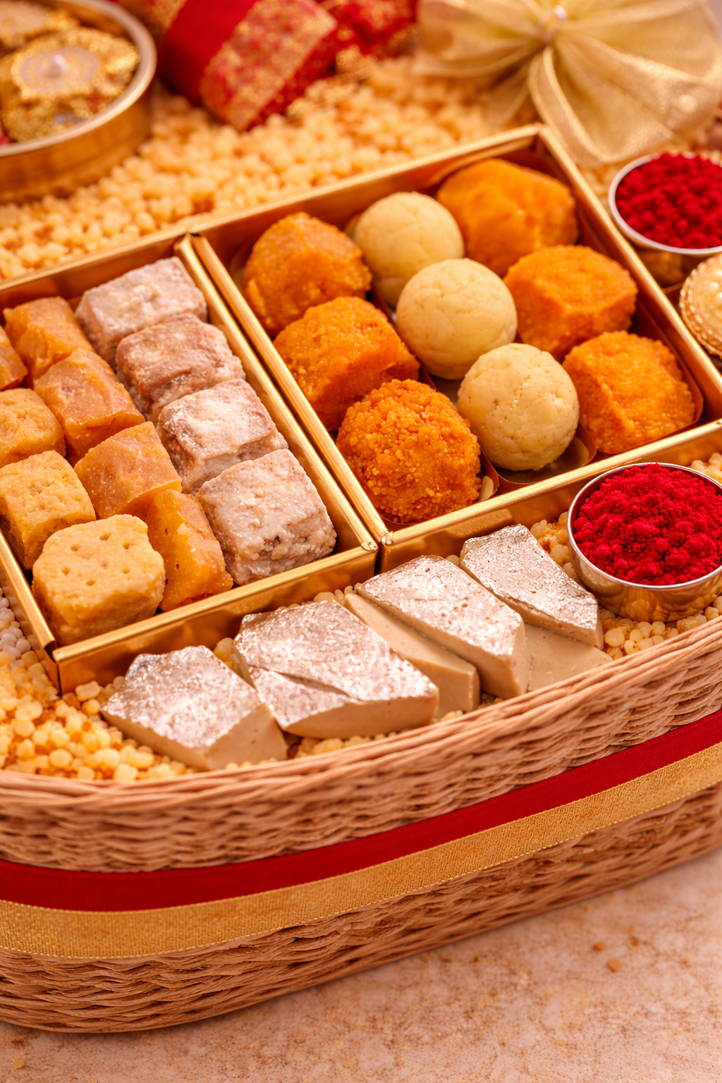 Luxury Rakhi hamper basket with assorted Indian sweets, dry fruits, decorative rakhi, roli chawal bowls and red gold ribbon packaging.