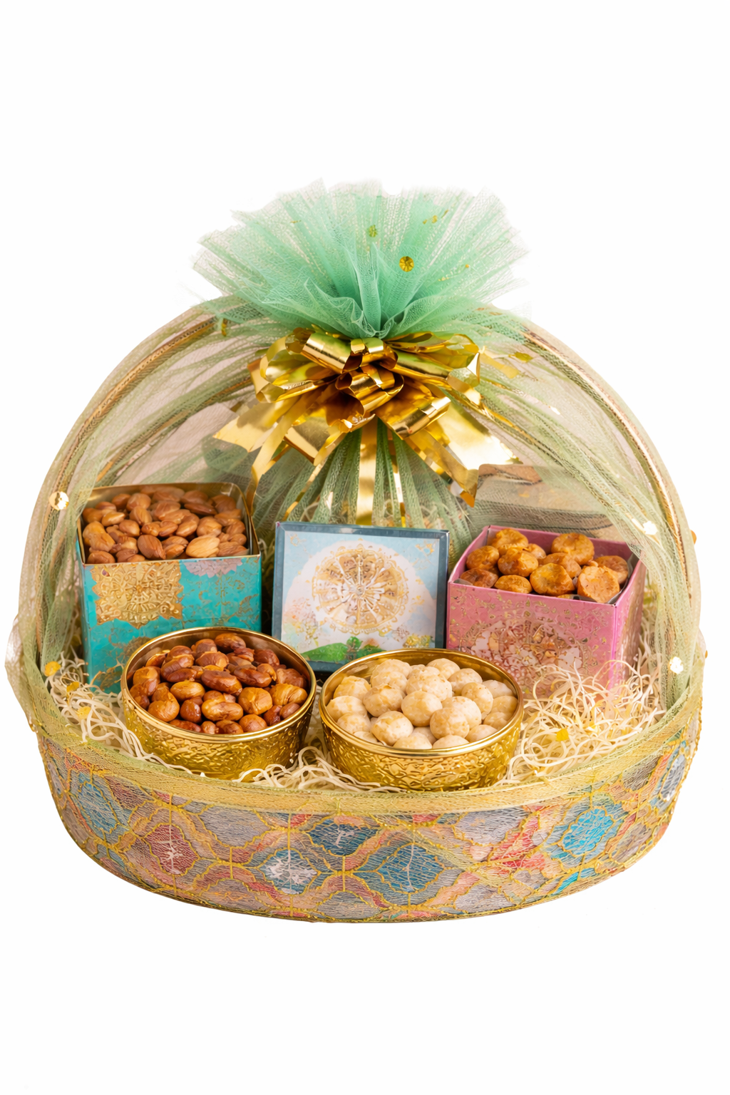 Elegant Rakhi hamper with decorative net basket packaging, designer rakhis, festive gift items, and roli chawal set.