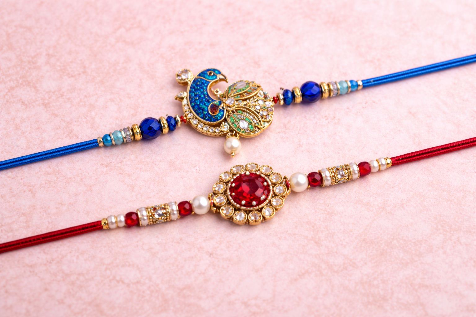 Elegant Rakhi hamper with decorative net basket packaging, designer rakhis, festive gift items, and roli chawal set.