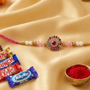Designer Pink Thread Rakhi with Multi Stones & Chocolates -