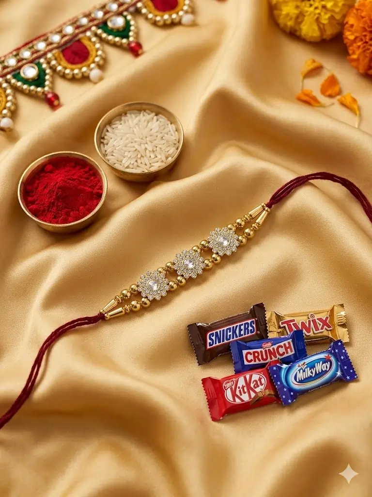 Designer Rakhi for Men with 5 Chocolates & Roli Chawal