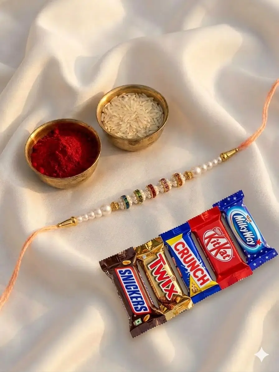 Premium White Pearl Rakhi with Roli Chawal & 5 Chocolates