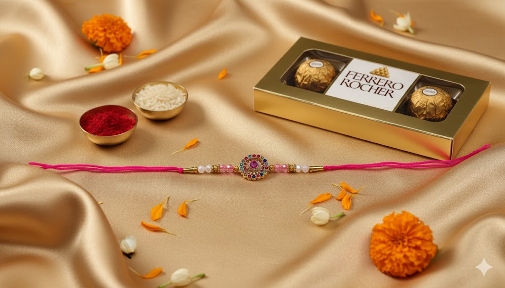 Pink Stone Rakhi With Chocolates